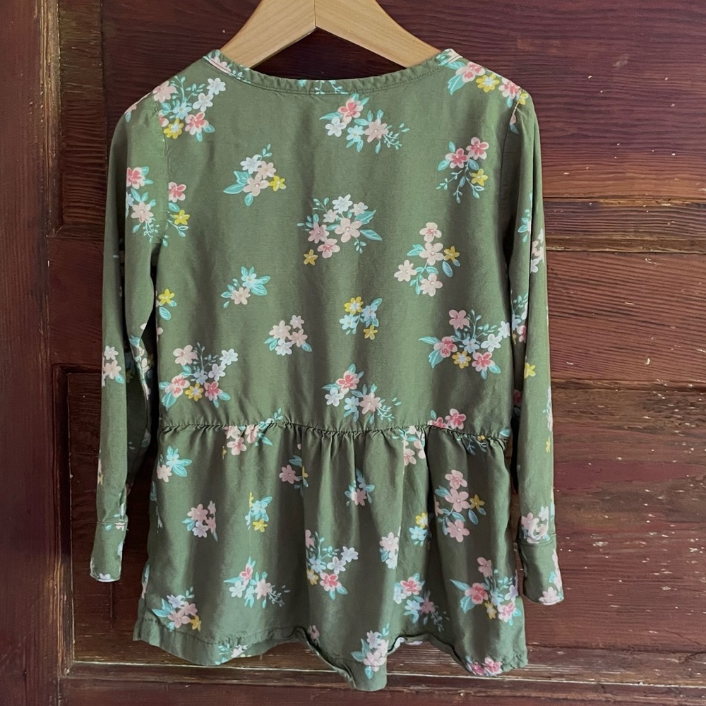 4 Flowy Viscose Woven Ruffle Hem Button-Up Blouse, Green w Pink Ditsy Floral - Picture 2 of 7